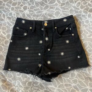 Black Jean Shorts with Embroidered daisies